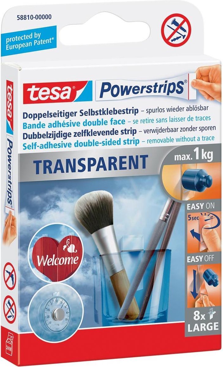 Tesa powerstrips® transparente grande - tiras autoadhesivas - 8 piezas - hasta 1 kg de capacidad de carga - montaje invisible sin taladrar