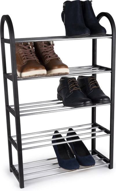 Zapatero Alpina - Zapatero de 5 niveles - Estante de almacenamiento - 50 x 20 x 77 cm - Espacio para 10-15 pares de zapatos - Fácil de montar - Negro plateado