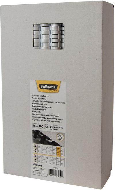 Confezione 100 pettini per rilegatura bianchi 5347005 fellowes in plastica a4 16mm