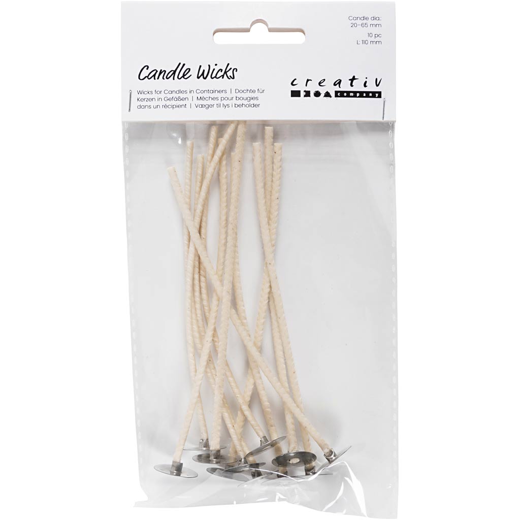 Mechas para velas en soporte, adecuadas para soportes con un diámetro de 20-65 mm, L: 110 mm, espesor 2 mm, 10 piezas 1 caja