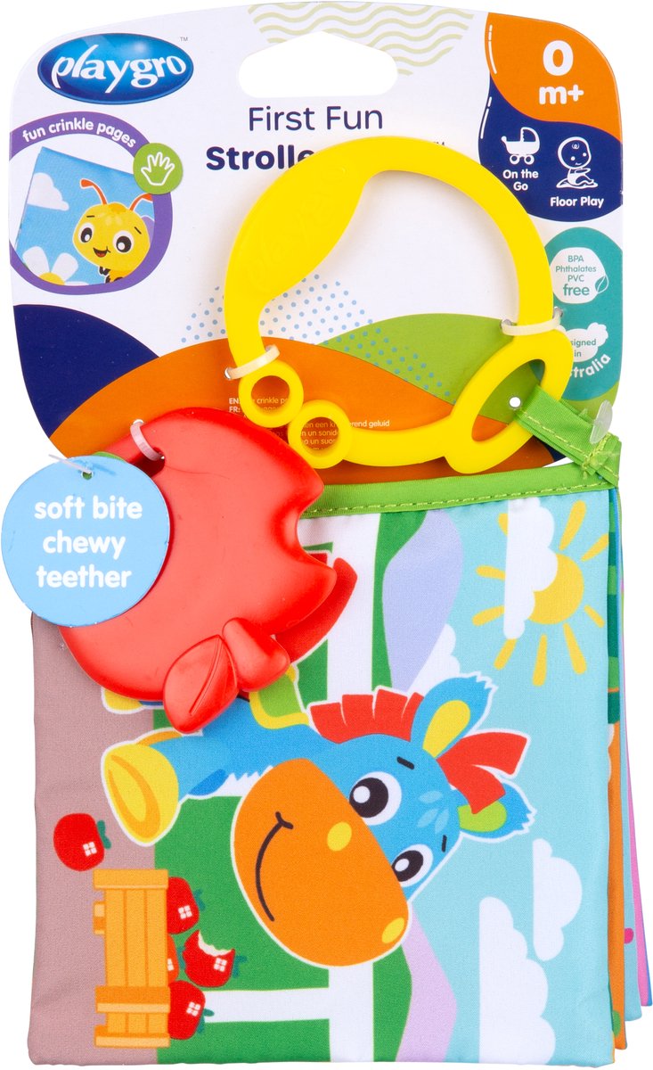 Playgro - primo divertente libro per passeggino - libro per mordere - profilo per morso - libro per bambini - libro per bambini 0-6 mesi - anello per la dentizione - libro per bambini con suono