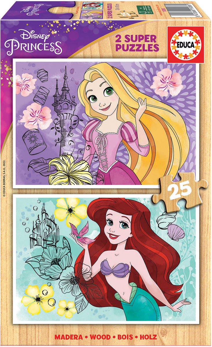 Educa -houten puzzel - 2x25 stukjes - disney princess.
