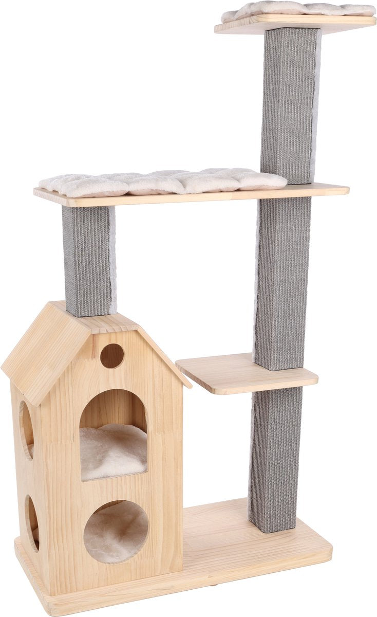 Rascador Flamingo – Línea Premium Casandra – 96x40x135 cm – Rascador de madera de lujo con plataformas para tumbarse – Mueble rascador con tapete rascador de sisal, cojines lavables – Árbol para gatos de diseño