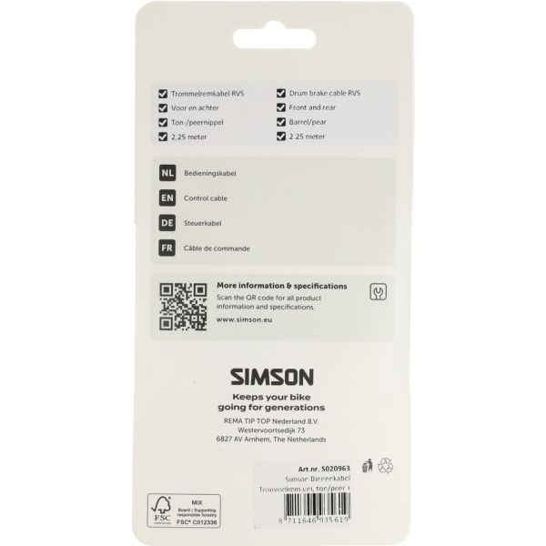 Cavo interno freno a tamburo Simson universale. ton pera + esagono incassato in acciaio inox