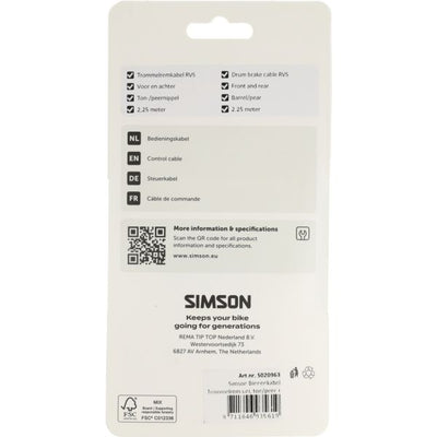 Cavo interno freno a tamburo Simson universale. ton pera + esagono incassato in acciaio inox