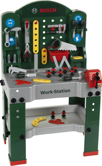 Klein Toys Mini banco da lavoro giocattolo Bosch - 44 parti - incl. funzione di apprendimento, vite per cinturino e numerose opzioni di archiviazione - verde