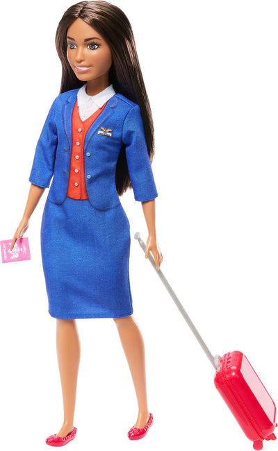 Barbie assistente di volo, bambola fashion - uniforme blu con valigia, cuffie e passaporto