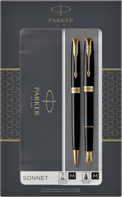 Set de regalo Parker Sonnet Duo con bolígrafo y pluma estilográfica (plumín de oro de 18 quilates) | negro brillante con adornos dorados | cartuchos y recargas de tinta negra