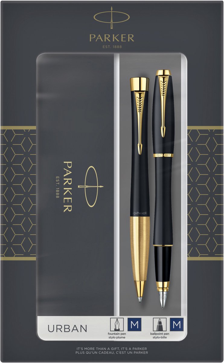 Set regalo Parker Urban Duo con penna a sfera e penna stilografica | nero morbido con finiture dorate | inchiostro blu | confezione regalo
