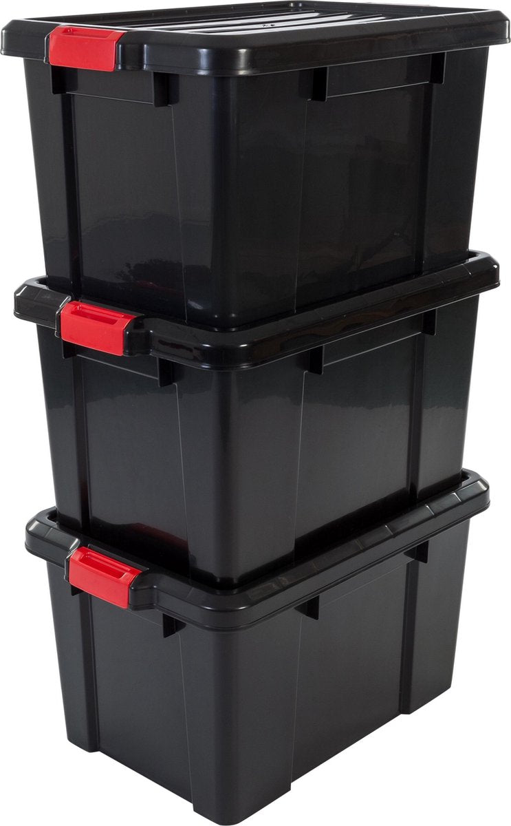 Iris powerbox opbergbox - 50l - kunststof - zwart rood - set van 3