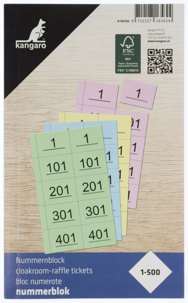 Kangaro nummerblok - 120x200mm - 70 grams - nummers 1-500 - 4 blokken - assorti kleuren