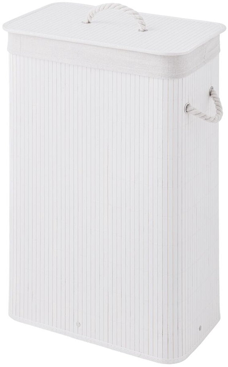 Sealskin Bamboo - Cesto para la ropa sucia de bambú con tapa - Bolsa para la ropa sucia de algodón lavable - Asas - 56 litros - Dimensiones 60 x 40 x 23,5 cm - Blanco