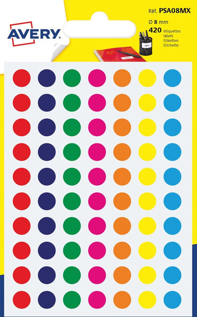 Avery psa08mx etichette rotonde per marcatura, diametro 8 mm, blister da 420 pezzi, colori assortiti 10 pezzi
