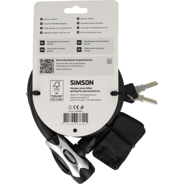 Lucchetto con cavo a spirale Simson, dimensioni eccellenti l 15 mm x 100 cm