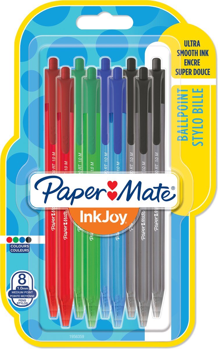 Penne a sfera retrattili Paper Mate Inkjoy 100rt | punto medio (1,0 mm) | nero, blu, rosso e verde | 8 pezzi