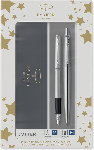 Set de regalo Parker Jotter Duo con bolígrafo y pluma estilográfica | acero inoxidable con acabado cromado | recarga de tinta y cartuchos de tinta con tinta azul | embalaje de regalo