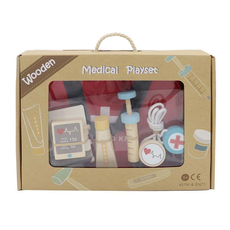 Juego de doctor de madera en bolsa - 14 piezas.