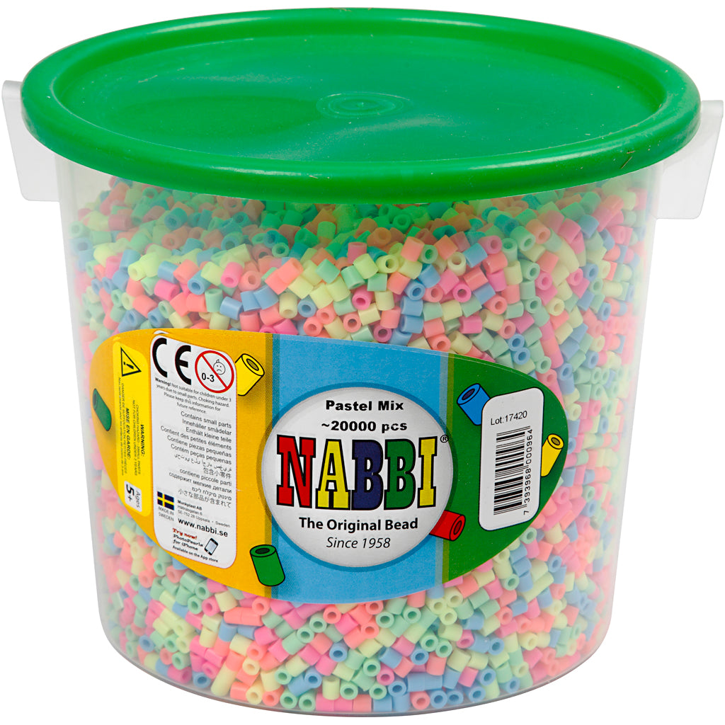 Perline termoadesive Nabbi, misura 5x5 mm, misura buco 2,5 mm, medie, colori pastello, 20000 div 1 secchiello