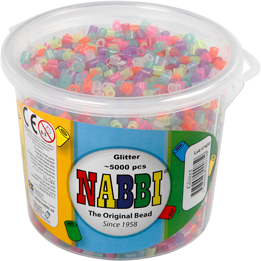 Perline termoadesive Nabbi, misura 5x5 mm, misura buco 2,5 mm, medie, colori glitter, 5000 div 1 secchiello