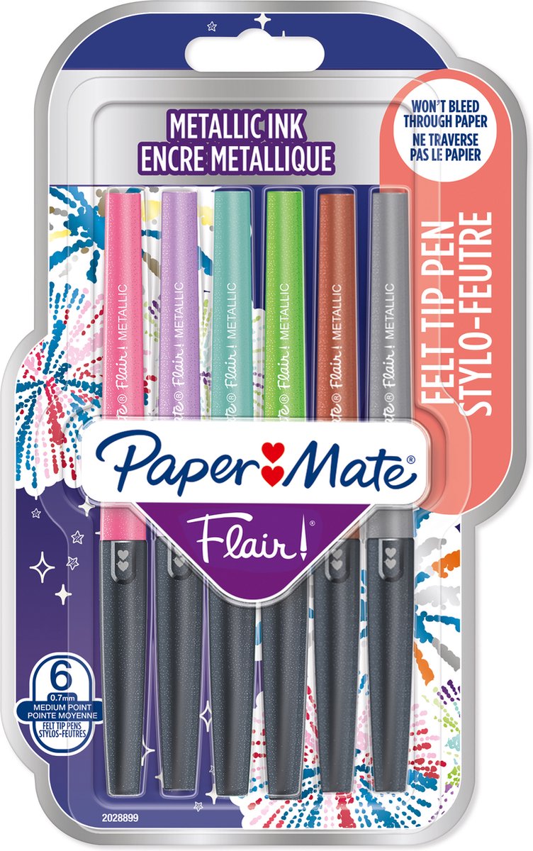 Pennarelli in metallo Paper Mate Flair | inchiostro scintillante che brilla su carta bianca | vari colori | punto medio (0,7 mm) | 6 pezzi