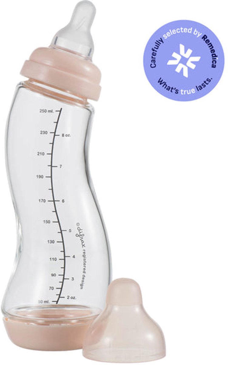 Biberón Difrax vidrio natural - 250 ml - rosa claro - 1 pieza - biberón s - anticólicos