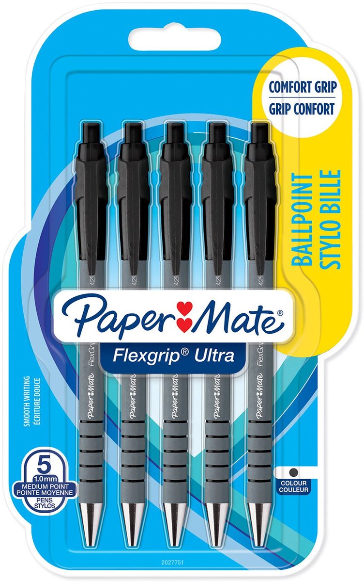 Penna a sfera Papermate flexgrip ultra nera media 0,5 mm 5 pezzi