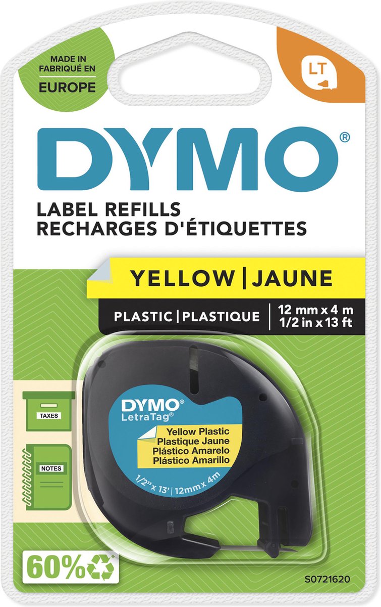 Dymo letratag etichette in plastica originali | stampa nera su etichette gialle | 12 mm x 4 m | etichette multifunzionali autoadesive per stampanti di etichette letratag | prodotto in Europa
