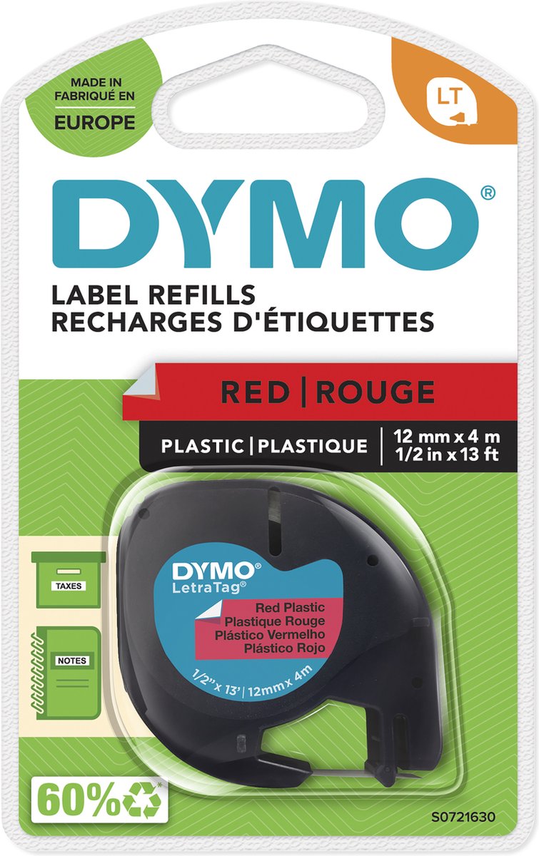 Dymo letratag etichette in plastica originali | stampa nera su etichette rosse | 12 mm x 4 m | etichette multifunzionali autoadesive per stampanti di etichette letratag | prodotto in Europa