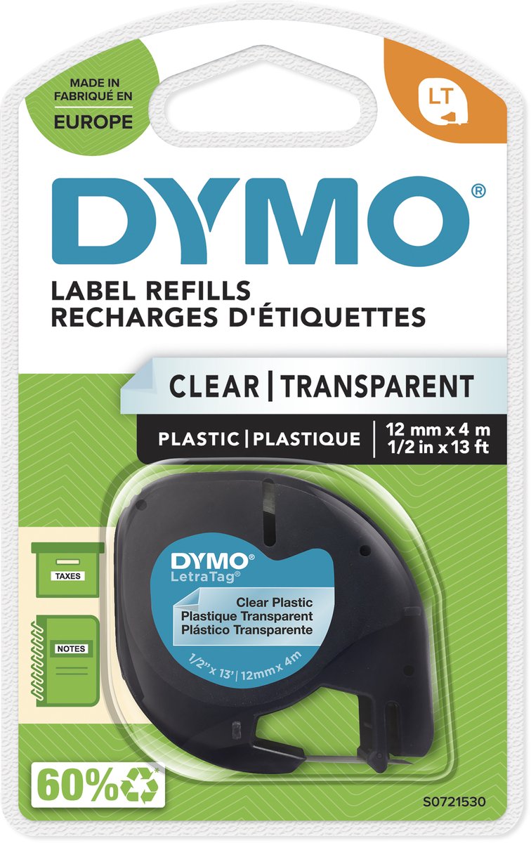 Dymo letratag etichette in plastica originali | stampa nera su etichette trasparenti | 12 mm x 4 m | etichette multifunzionali autoadesive per stampanti di etichette letratag | prodotto in Europa