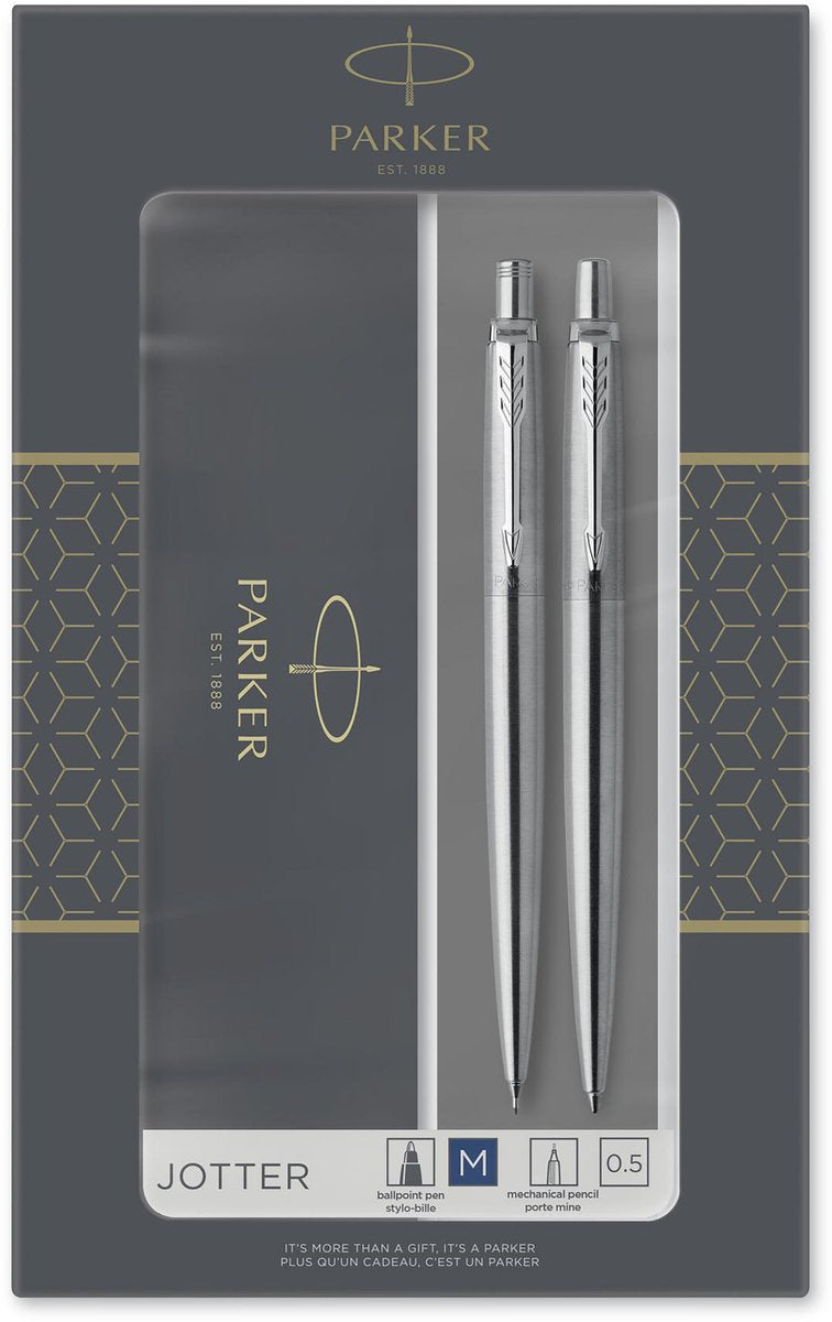 Set de regalo Parker Jotter Duo bolígrafo y portaminas (0,5 mm) - tinta azul - acero inoxidable con acabado cromado