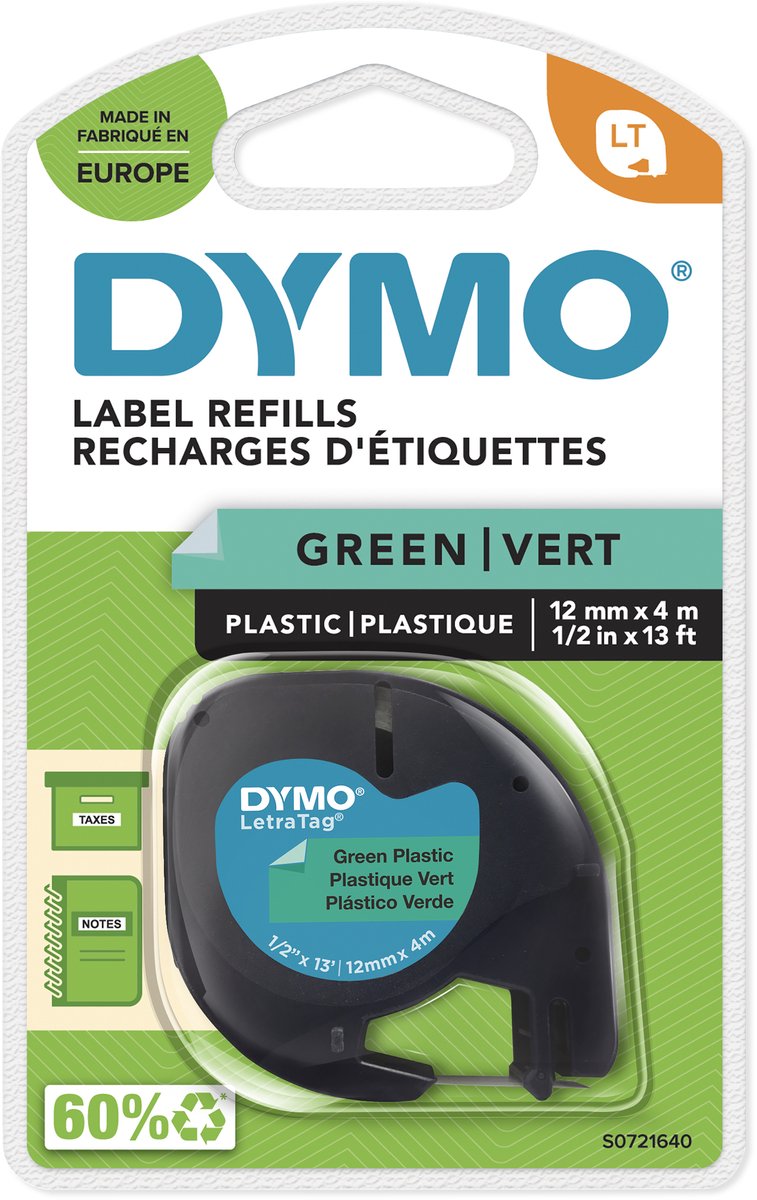 Dymo letratag etichette in plastica originali | stampa nera su etichette verdi | 12 mm x 4 m | etichette multifunzionali autoadesive per stampanti di etichette letratag | prodotto in Europa