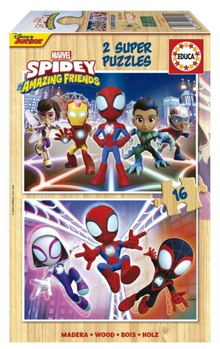 Educa houten puzzel spidey zijn geweldige vrienden 2x16 stukjes.