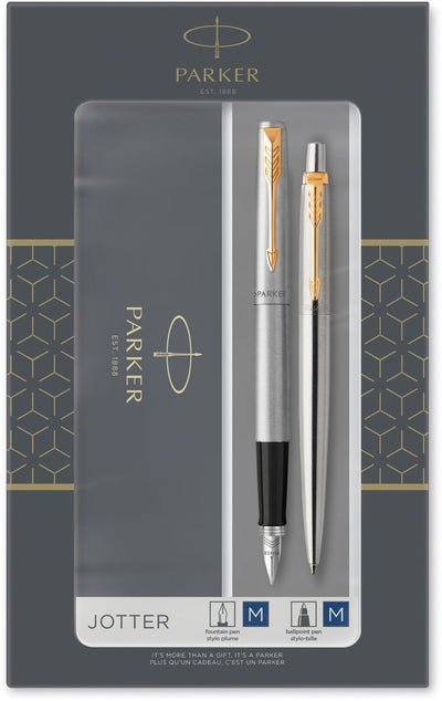 Set de regalo Parker Jotter Duo con bolígrafo y pluma estilográfica | acero inoxidable con adornos dorados | recargas y cartuchos de tinta azul | embalaje de regalo