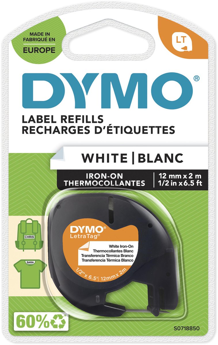 Etichette tessili termoadesive originali Dymo letratag | Rotolo da 12 mm x 2 m | stampa nera su etichette bianche | nastro da stiro per stampanti di etichette letratag