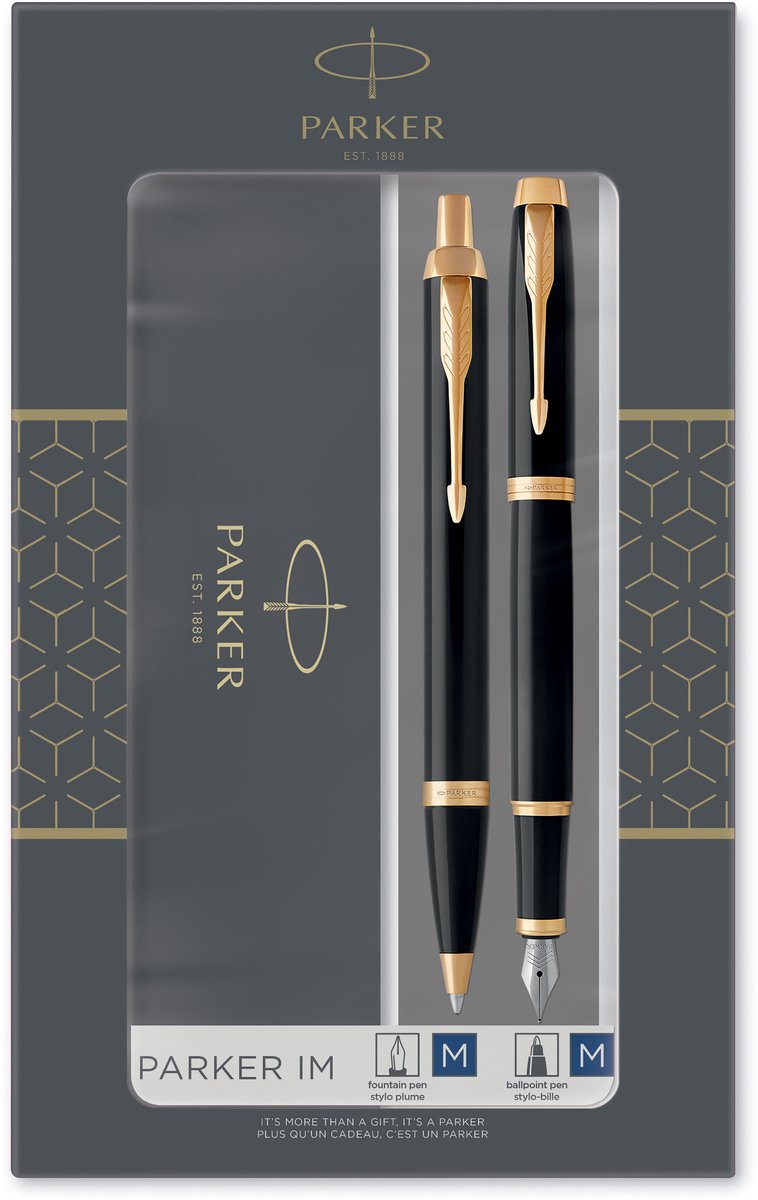 Set regalo Parker im duo con penna a sfera e penna stilografica | nero lucido con bordo oro | ricarica e cartuccia di inchiostro blu | confezione regalo