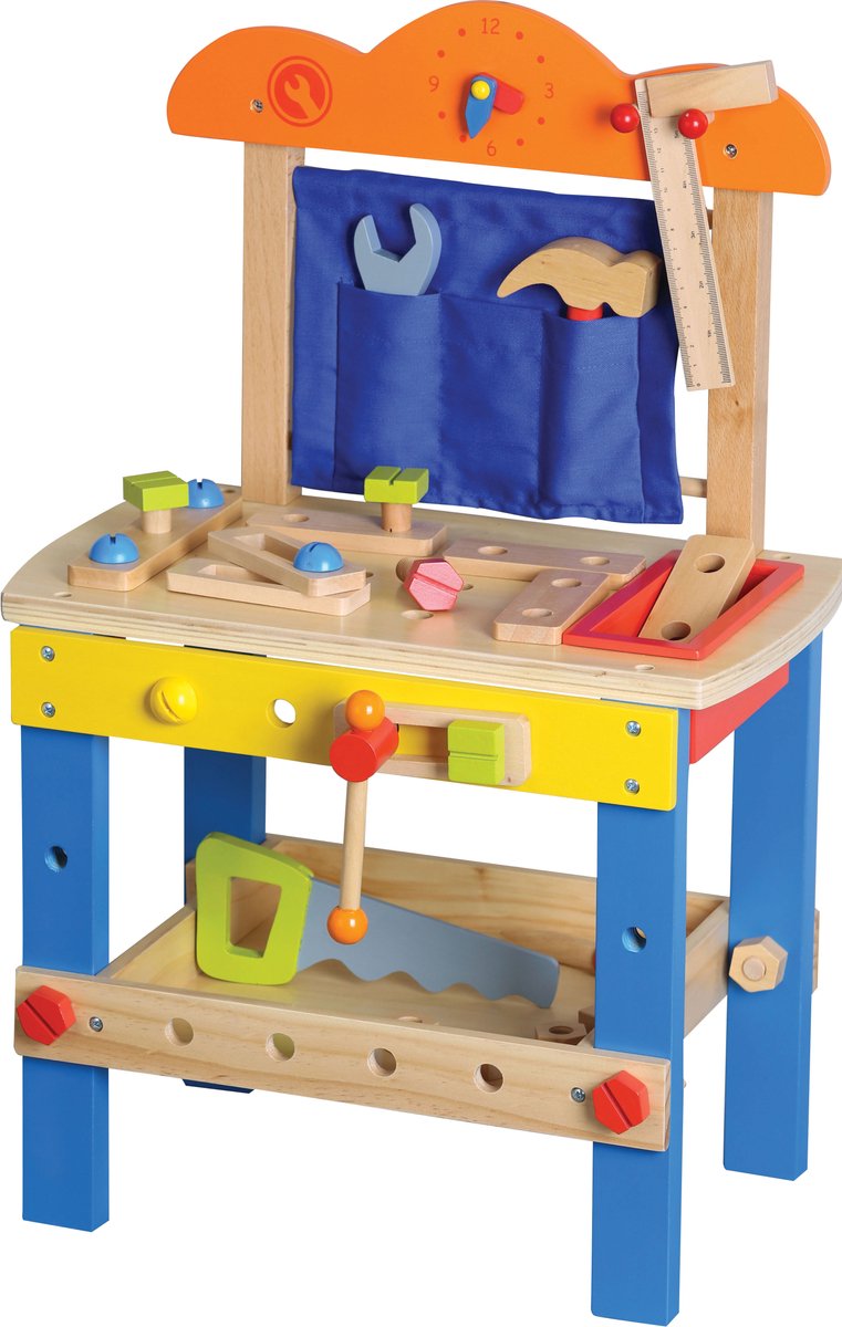 Lelin Toys - Banco de trabajo de juguete de madera con accesorios