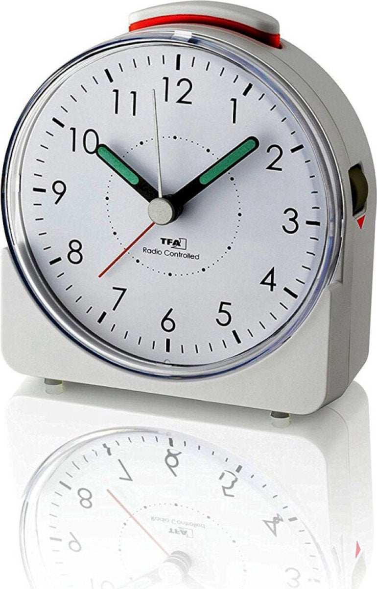 Tfa dostmann 60.1513.02 - reloj despertador - analógico - visualización de la hora radiocontrolada - movimiento silencioso - alarma - repetición - plástico - manecillas luminosas - iluminación de pantalla - blanco