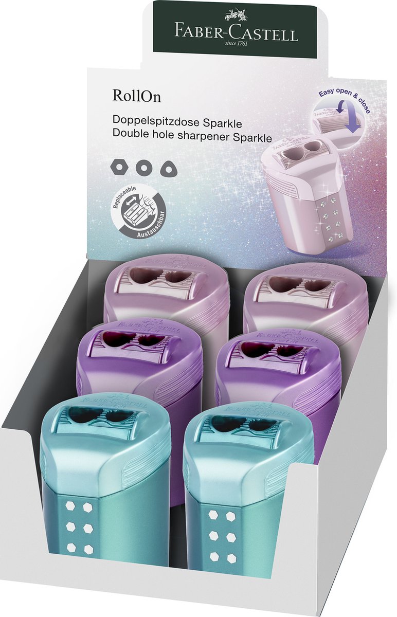 Sacapuntas faber-castell - rollon sparkle duo - display 6 piezas colores surtidos - fc-183900