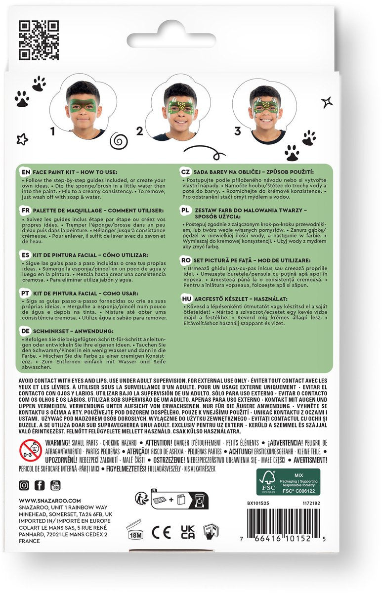 Snazaroo 1172182 set per pittura per il viso dinosauro drago acqua – pittura per il viso per bambini – kit per pittura per il viso drago dinosauro – 13 pezzi – ipoallergenico