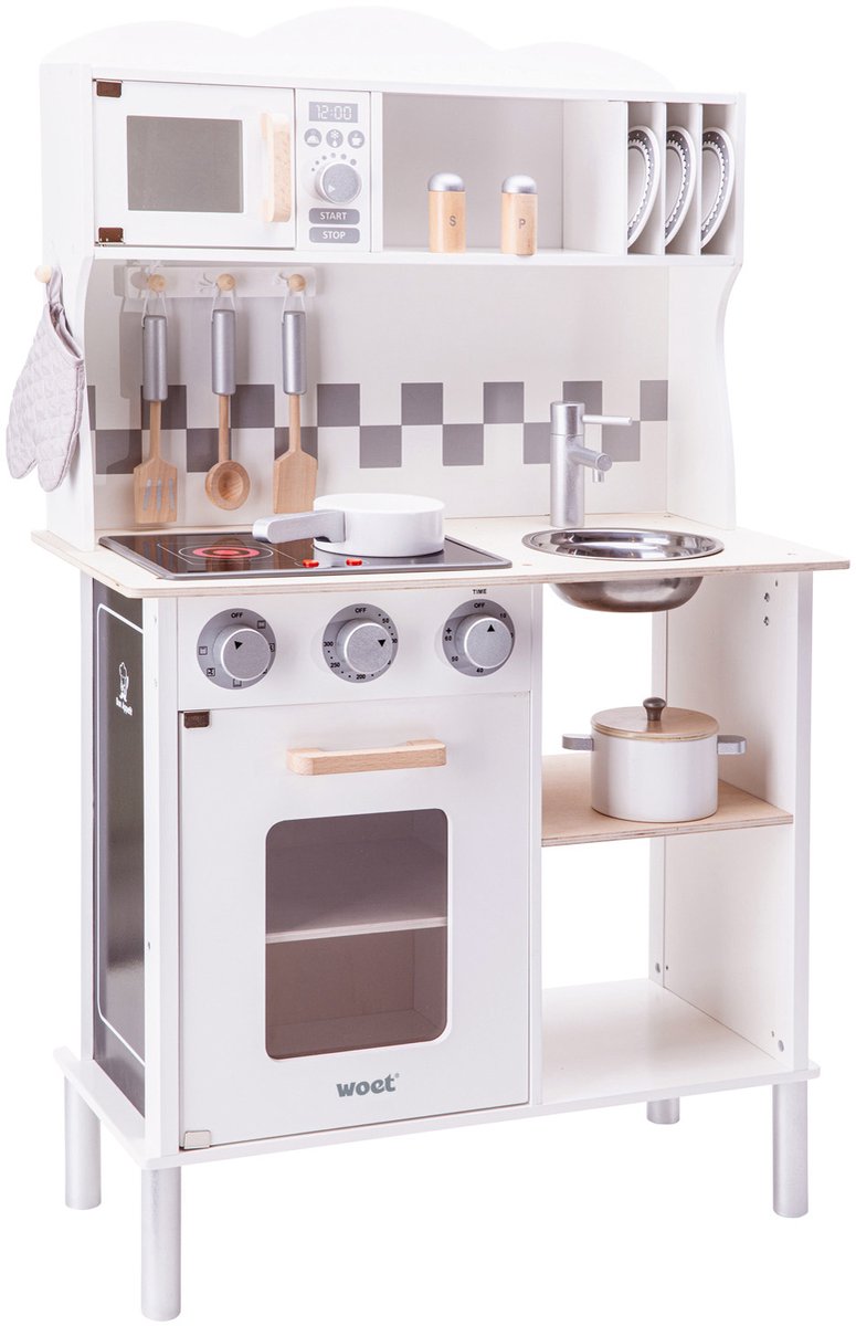 Cucina per bambini giocattolo in legno Woet ® - cucina da gioco con piano cottura con luce e suono - cucina da gioco bianca con vari accessori - altezza piano di lavoro 55 cm - gioco di ruolo - da 3 anni