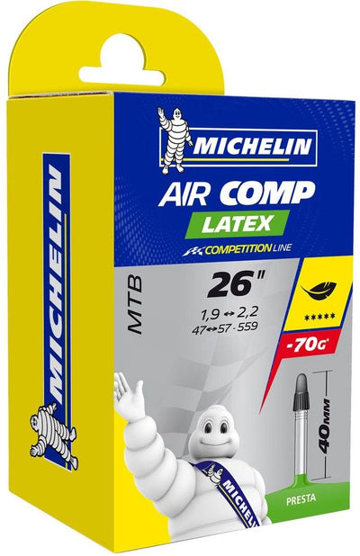 Michelin inner tube 26” – aircomp latex c4 – french (presta) valve – valve length: 40mm – etrto size: 47 57-559