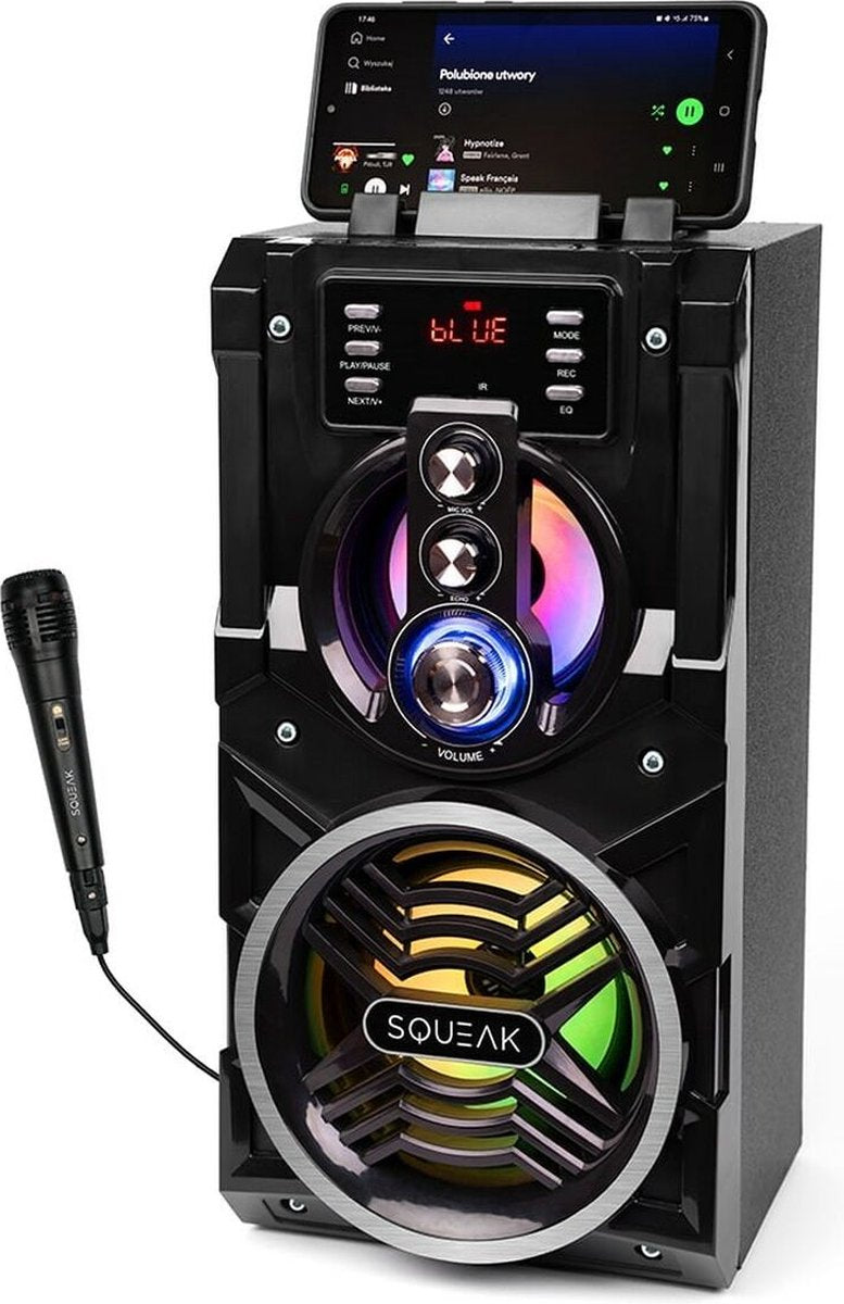 Squeak beatboxer sq1000 bluetooth 5.1 karaoke speaker - draagbare bluetooth luidspreker - fm radio - led verlichting - zwart