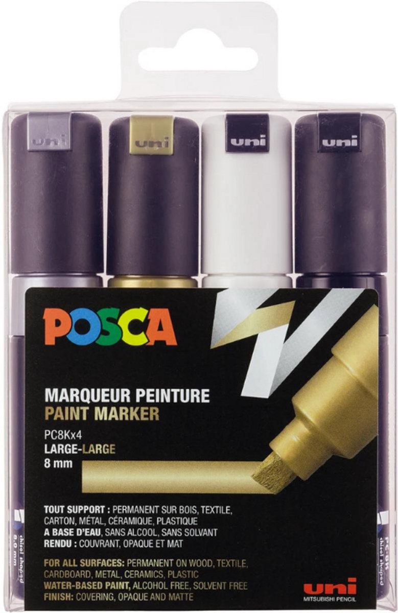 Posca markers set 8k white black gold silver
