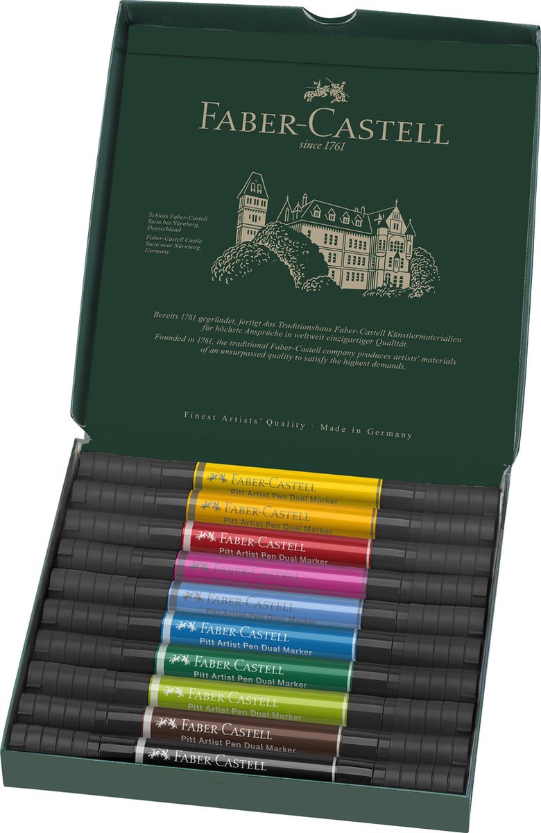Pluma de dibujo faber-castell - pluma de artista pitt - marcador dúo - marcador de pincel y rotulador - 10 piezas - fc-162010