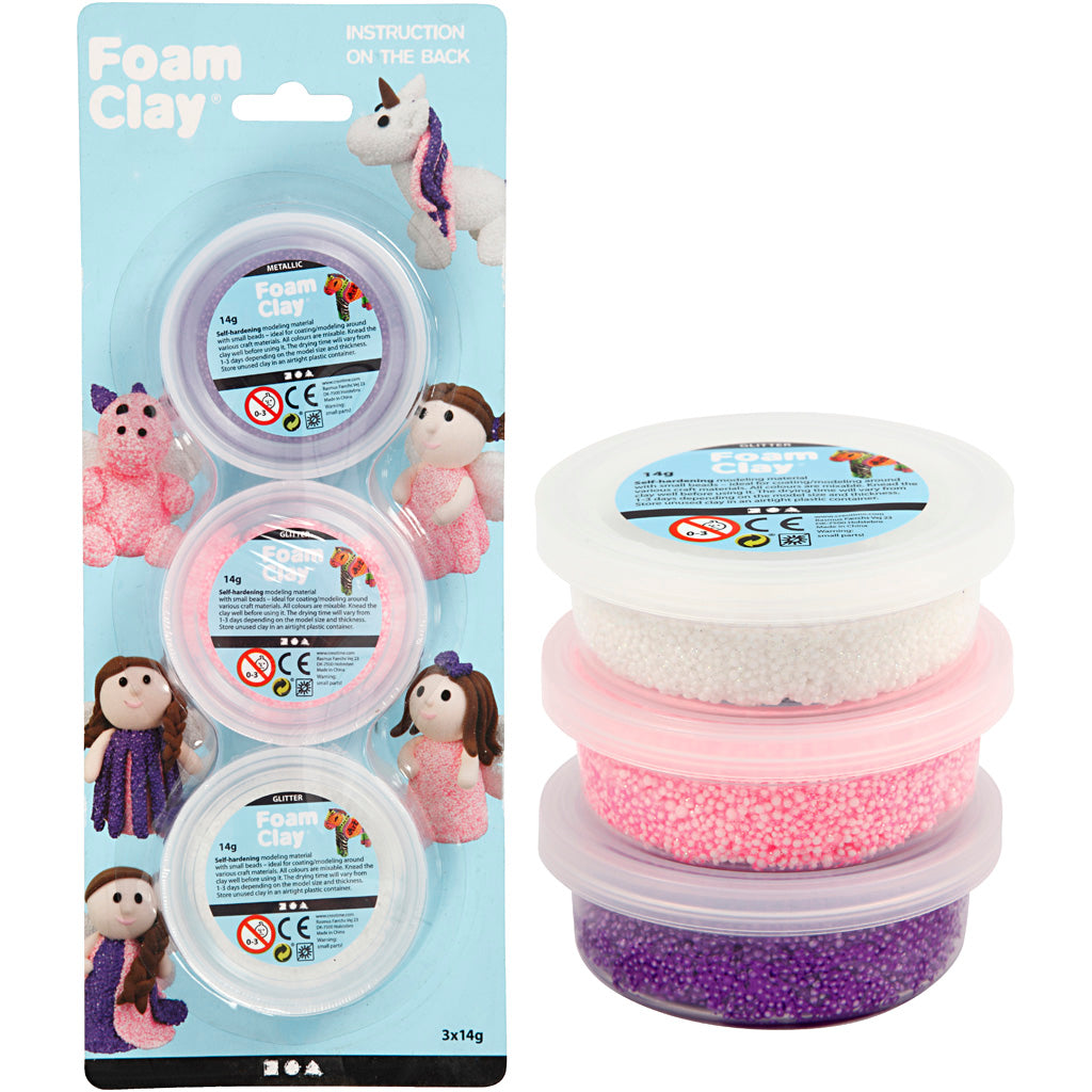 Foam clay ®, purpurina, metalizada, rosa, violeta, blanca, 3x14 gr 1 caja