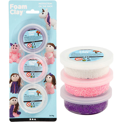 Foam clay ®, purpurina, metalizada, rosa, violeta, blanca, 3x14 gr 1 caja