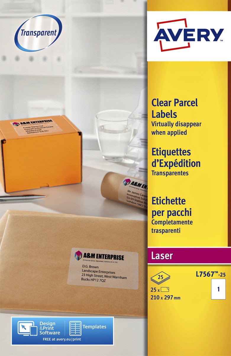 Avery - etiketten - durchsichtig - a4 (210 x 297 mm) - 25 stck. (1 bogen x 25) (l7567-25)