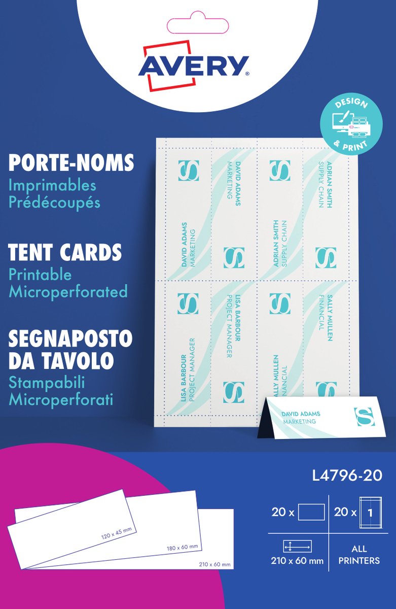 Tarjetas de presentación imprimibles sin marca sans marque avery 20 hojas 20 piezas (tamaño 210 x 60 mm)