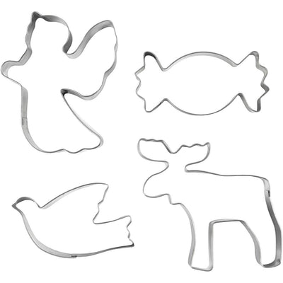 Formine per biscotti Creativ Company, angelo, renna, colomba, caramella, h: 2 cm, misura 4,5-9 cm, argento metallizzato, 4 pezzi 1 scatola