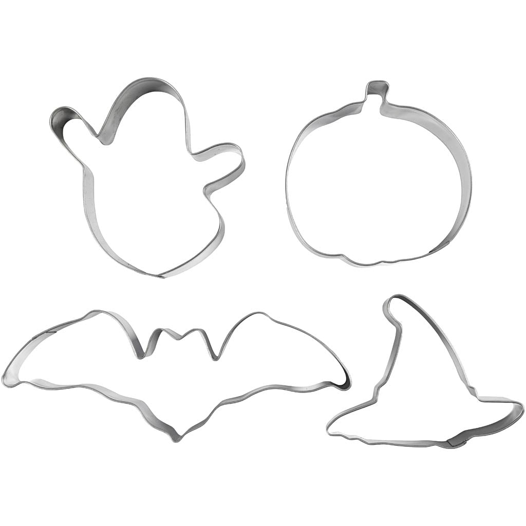 Creativ company cortadores de galletas, fantasma, calabaza, sombrero de bruja, murciélago, h: 2 cm, tamaño 7-12,4 cm, 4 piezas 1 caja